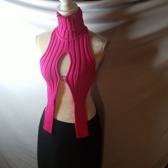 Daisy Slit Halter Turtleneck Sweater Top NWT Ribbed, Sexy, Open Front, Black, Pi - Picture 3 of 16
